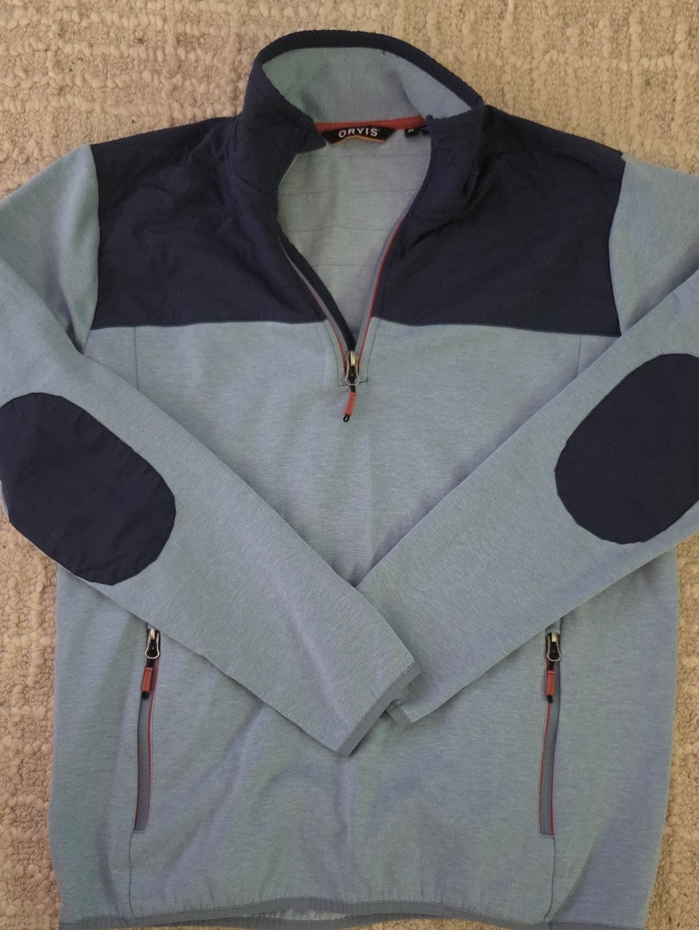 Orvis Light Blue and Navy Color Block Quilted Quarter-Zip Pullover, M